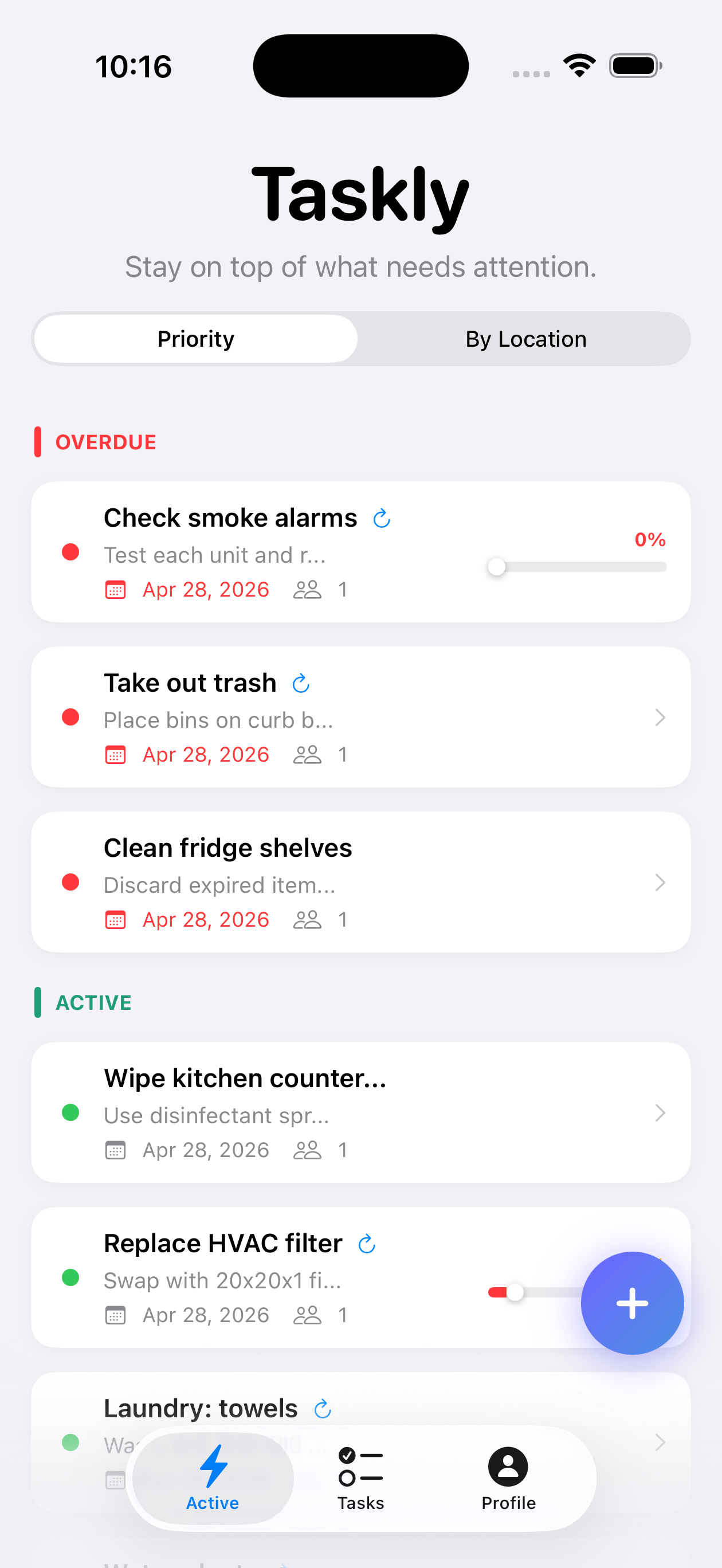 Taskly app showing the active tasks screen