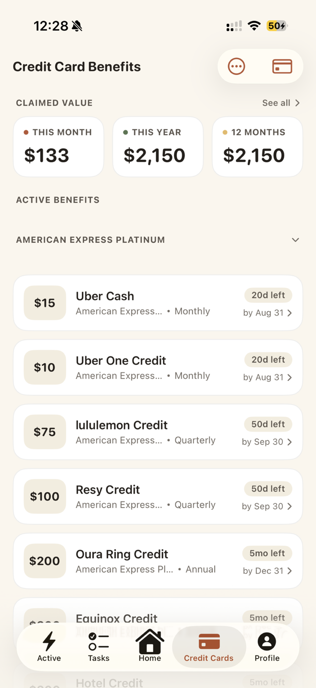 The Credit Card Benefits tab with claimed value totals above a list of card credits
