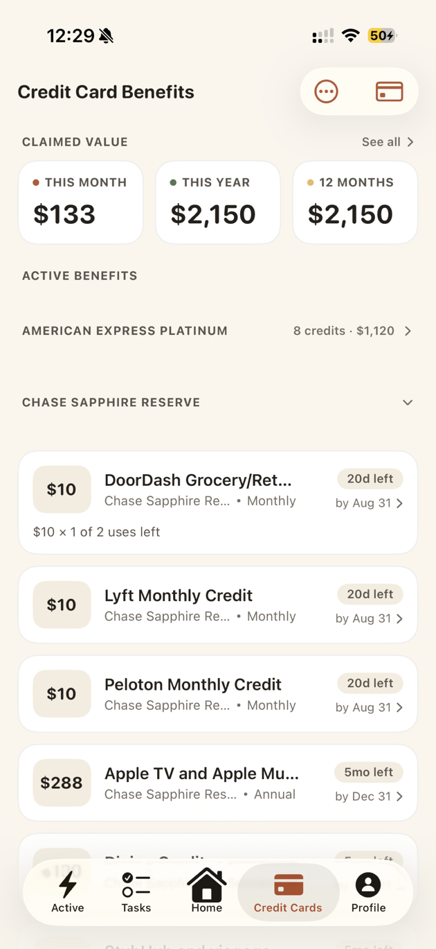 A card's credit list showing each credit's value, cadence, and days left before it resets