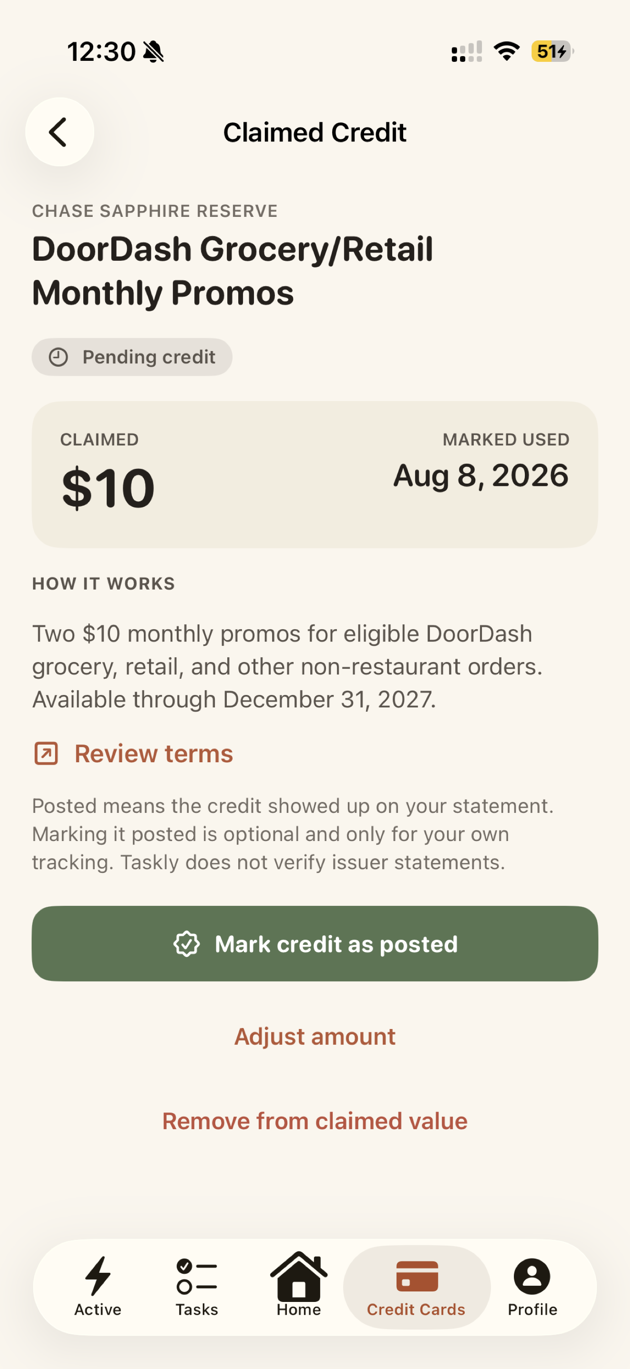 A claimed credit's detail screen with the claimed amount, the date it was marked used, and how the credit works