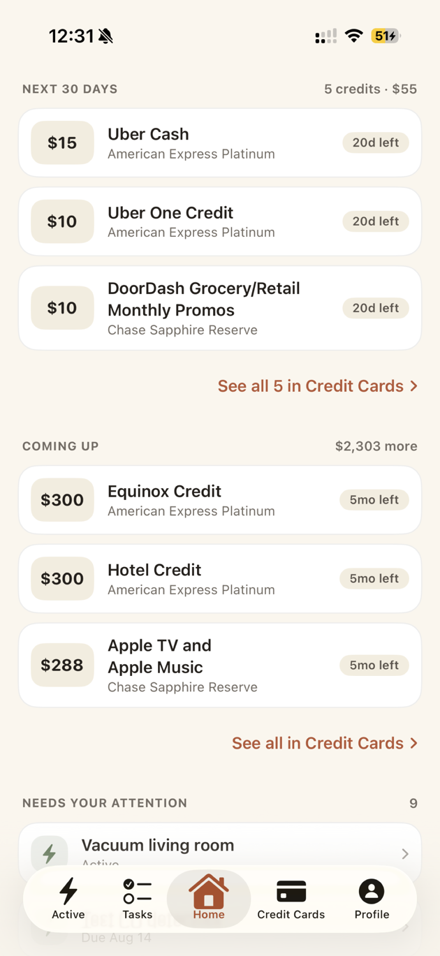 The Taskly Home tab showing card credits expiring in the next 30 days above tasks that need attention